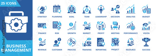 Business management icon collection set. Containing planning, strategy, goal, team, leadership, decision, analysis, budget icon. Simple flat vector