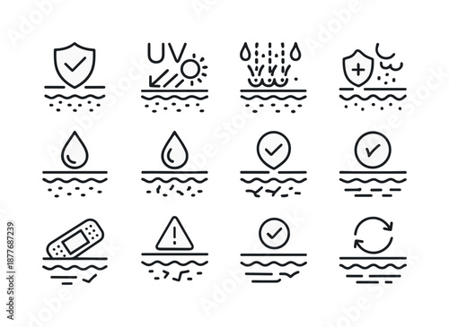 Skin Protection Icons. Skin protection. Line icon set of Skin protection: protective shield, UV rays symbol, melanin icon, barrier layer, hydration droplet,