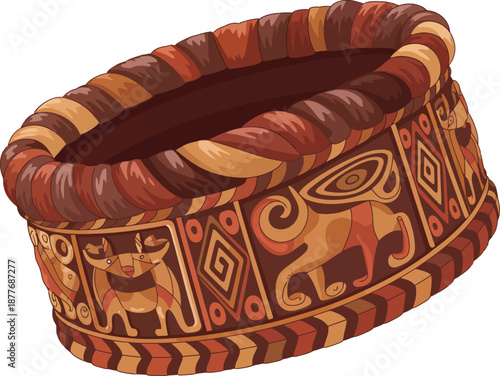 Woven Textile Hat with Animal and Geometric Patterns, Indigenous Craftsmanship, Cultural Artifact, Vector Art