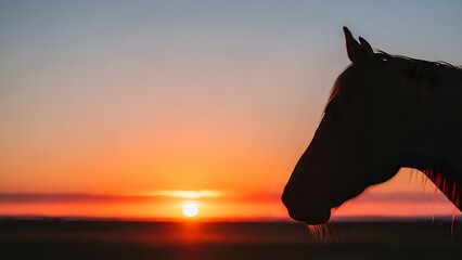 Horse silhouette against dramatic sunset sky with warm orange and pink colors creating peaceful equestrian scene for nature and animal photography projects.