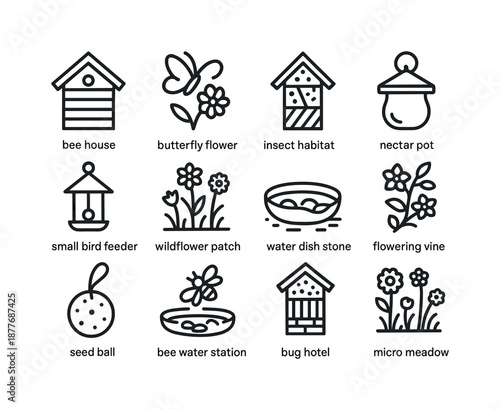 Pollinator-Friendly Urban Icons. Urban farming. Line icon set of pollinator-friendly elements: bee house, butterfly flower, insect habitat box, nectar pot,