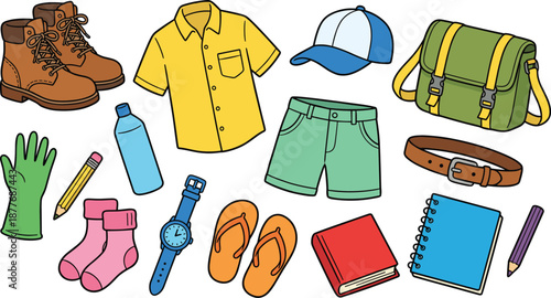 Cartoon travel gear set, hiking boots, shirt, cap, bag, gloves, bottle, socks, watch, notebook, flat vector illustration