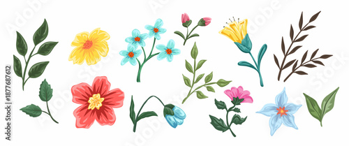 Hand drawn floral clip art set with various spring flowers and green foliage for decorative design