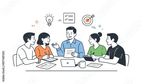 Collaborative Team Meeting. Team leader meeting. A leader sitting at the table with the team, discussing plans and reviewing notes together. Calm authority and