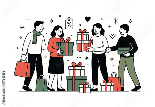 Festive Gift Shopping. Christmas shopping. People choosing gifts with shopping bags and wrapped boxes. Friendly holiday atmosphere and relaxed preparation with