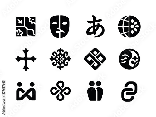 Cultural Fusion Icons. Cultural fusion symbols. Solid icon set of cultural fusion symbols: mixed pattern tile, blended mask, merged script icon, global motif,
