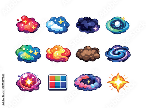 Colorful Nebula Icon Set. Nebulae. Colorful isometric vector icons set of nebulae: emission nebula, reflection nebula, dark nebula, planetary nebula,