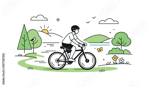 Nature Trail Cycling. Bike riding nature trail. Person riding a bike along a green path with trees and hills. Calm escape and connection with nature.