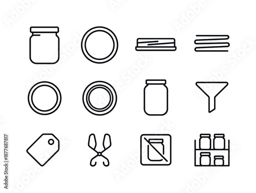 Mason Jar Lid Icons. Mason jar lid. Line icon set of Mason jar lid: mason jar, lid top view, lid side view, screw threads, rubber seal ring, metal band, jar