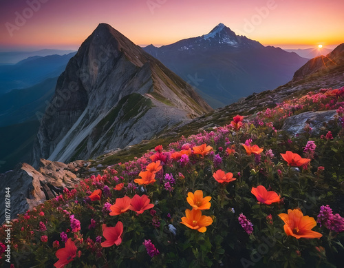 Landscape, a mountain peak at sunrise with a colorful flower background. A mountain landscape with flowers in autumn.