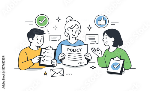 Team Policy Review. Internal policy alignment. Employees reviewing company rules together with documents and approval icons. Shared understanding and