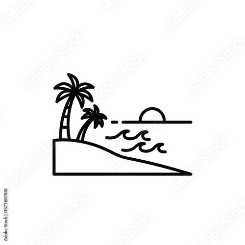 Simplified black illustration of a serene beach scene with palm trees at sunset from an elevated viewpoint
