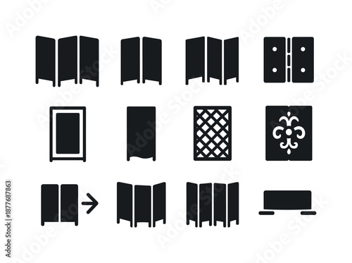 Folding Screen Icons. Folding screen. Solid icon set of folding screen: three-panel screen, two-panel screen, four-panel screen, hinge icon, wood frame, fabric