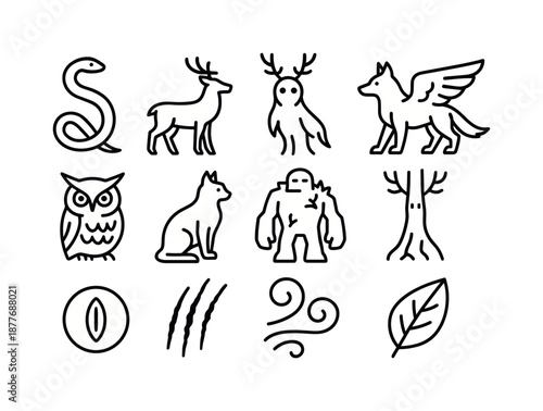 Mythical Forest Icons. Mythical forest beasts. Line icon set of Mythical forest beasts: giant serpent, horned stag, forest spirit, winged wolf, ancient owl,