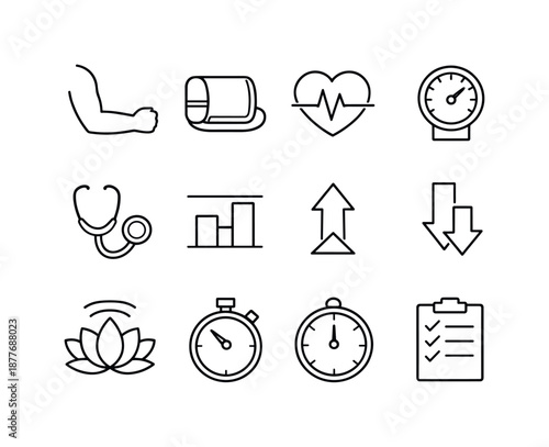 Blood Pressure Icons. Blood pressure measurement. Line icon set of blood pressure measurement: arm silhouette, cuff placement, heart pulse, gauge needle,