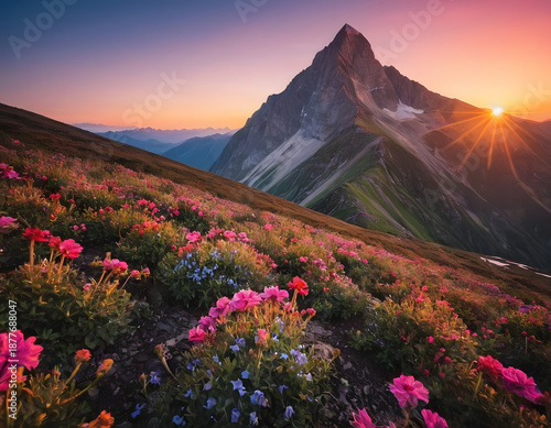 Landscape, a mountain peak at sunrise with a colorful flower background. A mountain landscape with flowers in autumn.