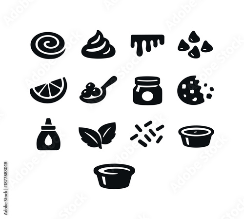 Dessert Toppings Icons. Dessert toppings. Solid icon set of Dessert toppings: jam swirl, whipped cream dollop, caramel drizzle, chocolate chips, fruit slice,