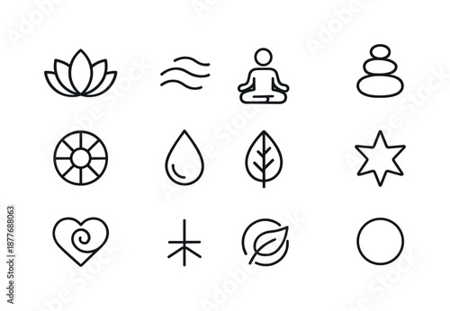 Holistic Wellness Icons. Holistic wellness. Line icon set of Holistic wellness: lotus flower, breath symbol, meditation pose, balance stone stack, wellness