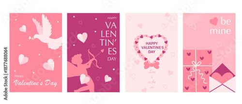 Set of Happy Valentine's Day minimalist trendy posters and cards. Modern flat design with geometric shapes of simple elements, hearts, cupid. Vector template for banner, poster, holiday cover.