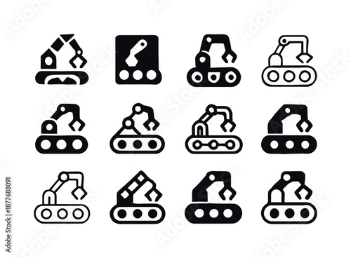 Machinery Logo Icon Set. Working with machinery. Icon set. Set Logo of working with machinery: conveyor belt system. harmonious logo variations of the same