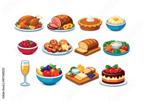 Holiday Feast Icons. Holiday Feasts. Colorful flat vector icons set of Holiday Feasts: roast turkey, glazed ham, festive pie, mashed potatoes, cranberry sauce,