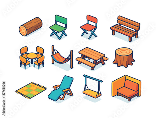 Colorful Outdoor Seating Icons. Outdoor seating. Colorful isometric vector icons set of outdoor seating: log seat, folding chair, camping stool, wooden bench,