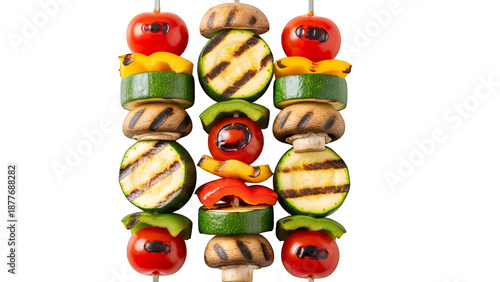 Grilling three vegetable skewers isolated on transparent background, view for cookbook illustration.