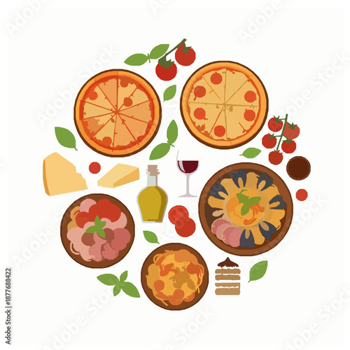 Italian food cuisine round composition with traditional gourmet dishes premium flat vector illustration
