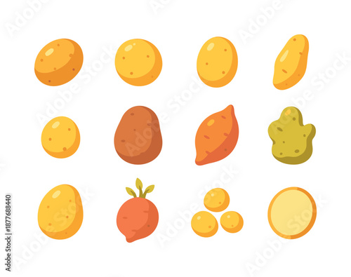 Colorful Potato Shapes Icons. Potato shapes. Colorful flat vector icons set of potato shapes: whole potato, round potato, oval potato, fingerling shape, small