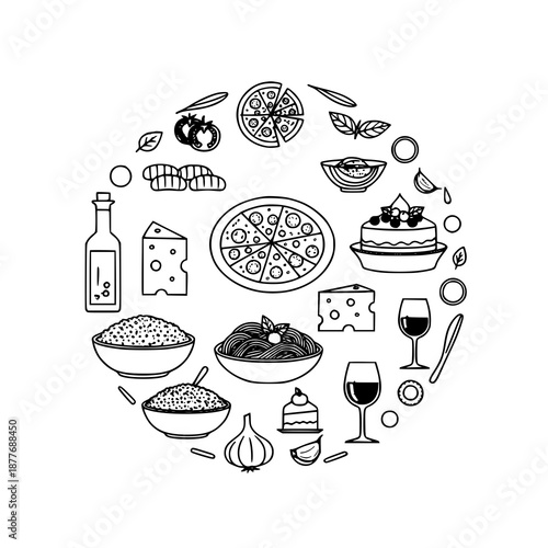 Italian cuisine round composition design with pasta pizza and gourmet dishes thin line vector illustration