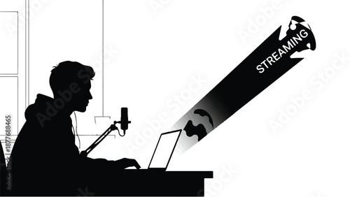 Young person in silhouette creating content with a laptop and microphone, broadcasting to the world.
