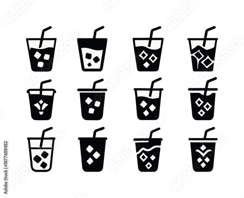 Party Drink Icons. party drinks. Icon set. Set Logo of party drinks: iced drink with straw. harmonious logo variations of the same emblematic concept, each