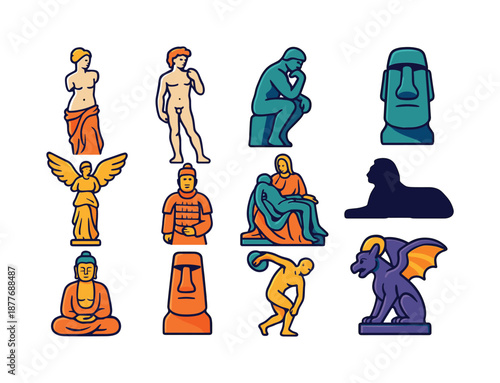 Vibrant Sculpture Icons. Famous sculptures. Colorful flat vector icons set of Famous sculptures: Venus de Milo, David statue, The Thinker, Moai head, Winged