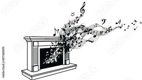 Melody flows from a fireplace, transforming into musical notes dancing in the air.