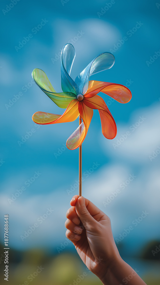 Naklejka premium Hand holding a windmill rotating colored plastic with blowing wind against a blue sky with green energy concept. Symbol of freedom and life