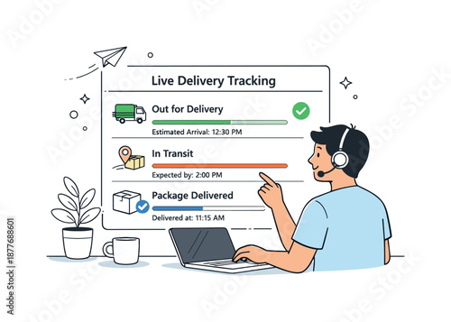 Real-Time Delivery Tracking. Real-time logistics tracking. Person monitoring live delivery updates with status indicators and progress bars. Sense of