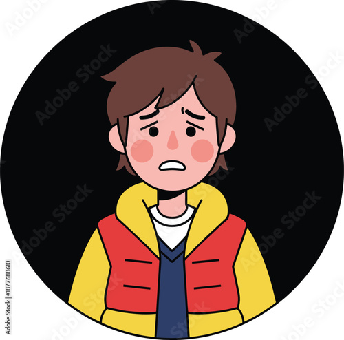 Worried character, cartoon person, emotional face, red jacket, concerned expression, furrowed brows, dark background, mood illustration, flat vector illustration