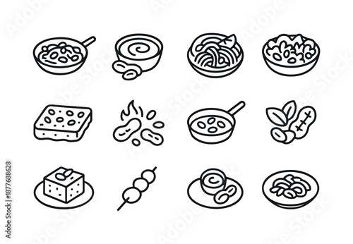 Peanut Cuisine Icon Set. Peanuts in cuisine. Line icon set of Peanuts in cuisine: stir fry dish, peanut sauce bowl, Thai noodles, salad with peanuts, peanut