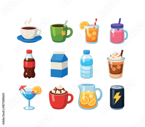 Colorful Drink Icons. Drinks. Colorful flat vector icons set of drinks: coffee cup, tea mug, juice glass, smoothie jar, soda bottle, milk carton, water bottle,