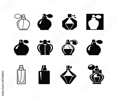 Perfume Logo Variations. Perfume bottle. Icon set. Set Logo of Perfume bottle: classic perfume silhouette. harmonious logo variations of the same emblematic