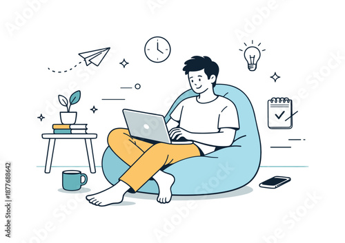 Freelance Work Bliss. Freelance work at home. A relaxed character working on a laptop, sitting comfortably and managing tasks independently. A sense of