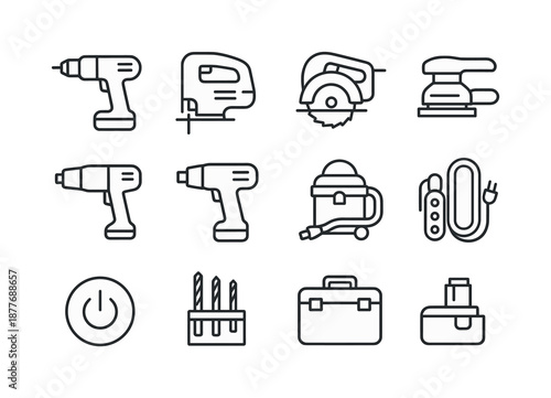 Power Tools Icons. Power tools. Line icon set of Power tools: drill, jigsaw, circular saw, sander, heat gun, power screwdriver, shop vacuum, extension cord,
