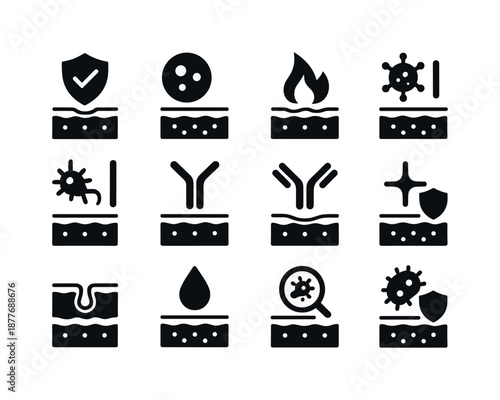 Skin Immune Defense Icons. Skin immune defense. Solid icon set of skin immune defense: immune shield, protective cells icon, inflammation signal, pathogen