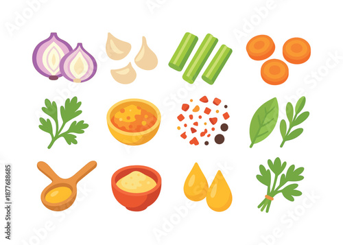 Cooking Aromatics Icons. Cooking aromatics. Colorful flat vector icons set of cooking aromatics: onion halves, garlic cloves, celery sticks, carrot slices,