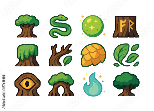 Ancient Tree Icons. Ancient tree guardian. Colorful flat vector icons set of ancient tree guardian: sacred tree trunk, serpent coil, glowing forest orb, runic