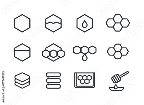 Honeycomb Icon Set. How bees make honey. Line icon set of honeycomb stages: empty cell, nectar-filled cell, semi-thick nectar, almost-honey icon, honey droplet