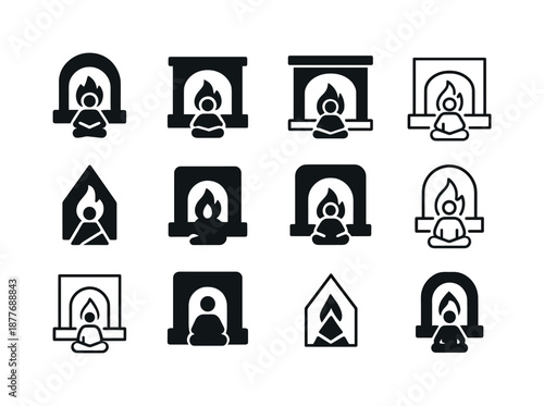 Fireplace Icons Grid. People enjoying a warm fire in the fireplace. Icon set. Set Logo of people enjoying a warm fire in the fireplace: fireplace glow and