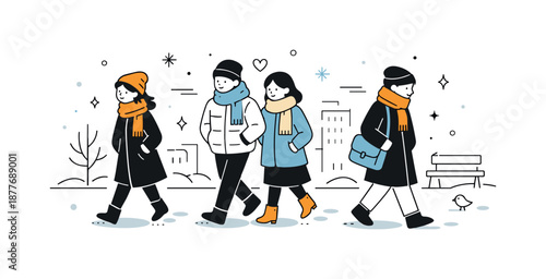 Winter City Stroll. Winter City Walk. Simple characters walking along a snowy sidewalk with scarves and coats, light snowflakes falling around them. The