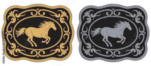 Horse label belt buckle design, wild western rodeo ranch cowboy style tag, gold and silver vector, stylized silhouette, equestrian motifs, country artwork, rustic western graphics.