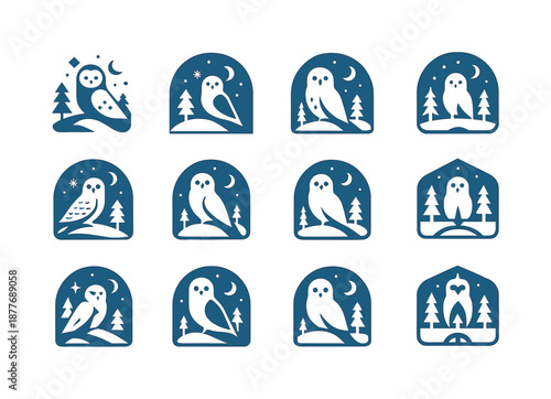 Winter Animal Logos. Snowy landscapes with animals in winter habitats. Icon set. Set Logo of snowy landscapes with animals in winter habitats: snowy owl.